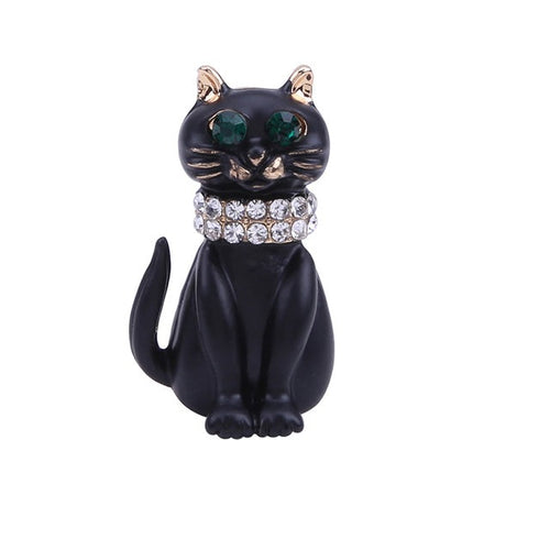 Green Eyes Cat Brooch in Black with rhinestones