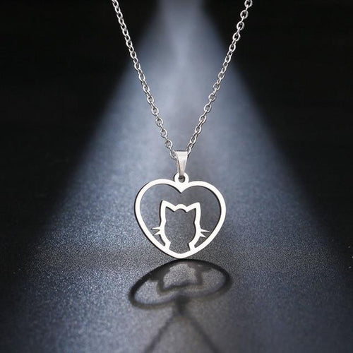 Silver Cat Face Heart Necklace