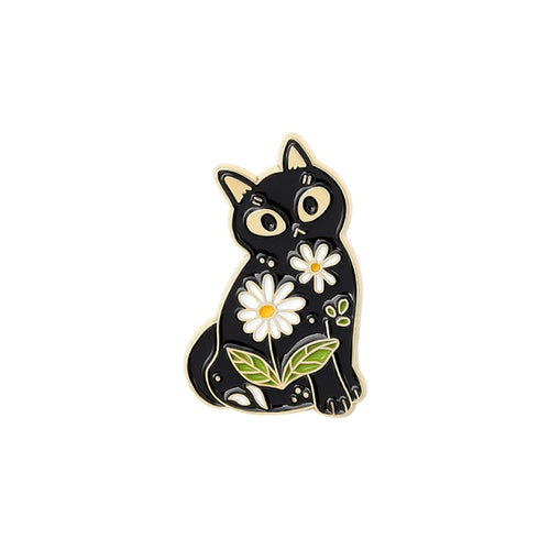 Flower Cat Brooch in Black