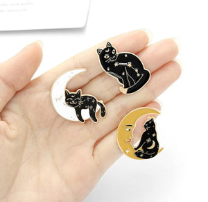 Yellow Moon Cat Black Cat Brooch