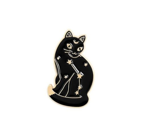 Witchy Cat Brooch in Black and Gold