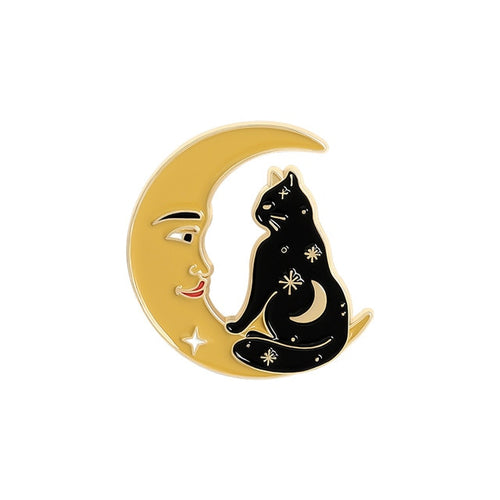 Yellow Moon Cat Black Cat Brooch