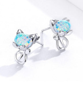 Opal Cat Stud Earrings Sterling Silver
